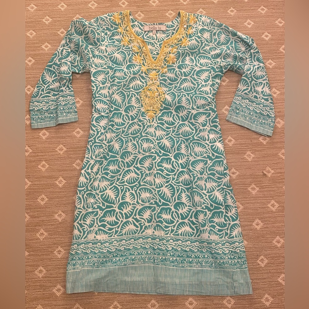 Bella Tu Embroidered Dress Tunic Turquoise Yellow